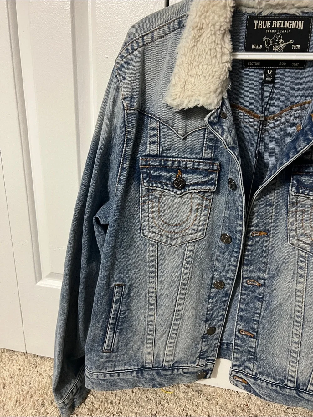 True Religion Light Blue Denim Jacket with Cream Sherpa Collar